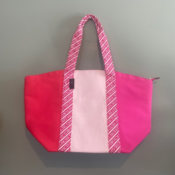NWT Victoria's Secret Colorblock Logo Weekender Beach Canvas Tote Bag Pink Red - Picture 1 of 8